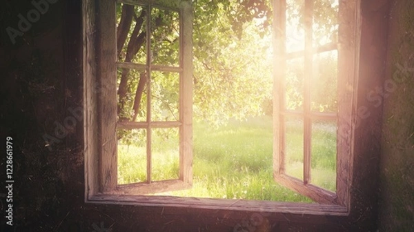 Fototapeta Dreamy Light Through Open Window Overlooking Orchard Landscape