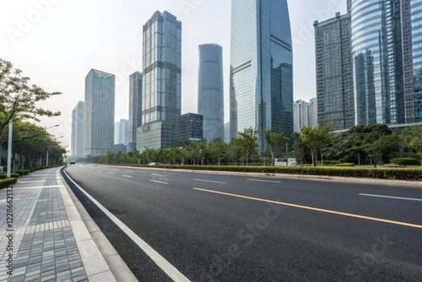 Fototapeta Modern city street with an asphalt road passing through a row of sleek glass towers, steel and glass, urban development, skyscraper