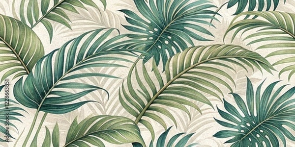 Fototapeta A lush tropical paradise depicted in a detailed botanical illustration featuring vibrant green palm leaves and a textured off-white background