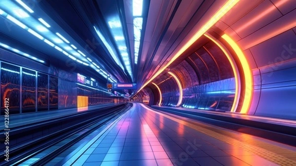 Fototapeta Wide-angle view of a modern subway station, sleek lines, motion blur from trains, and neon lights illuminating the space
