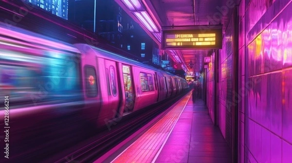 Fototapeta A vibrant subway station scene with neon signs glowing, clean modern lines, and motion blur creating a sense of urban energy