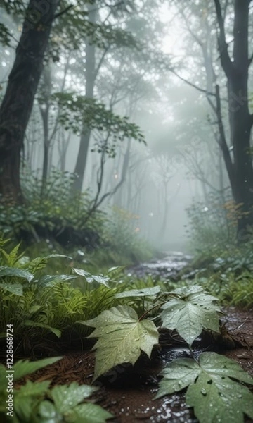 Obraz Misty morning forest with raindrops on leaves, landscape, trees