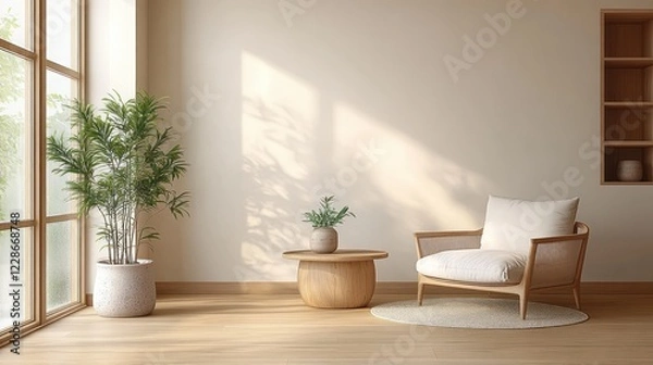 Fototapeta Minimalist living room with wooden chair round table floor lamp cozy plant and soft natural light in Scandinavian design
