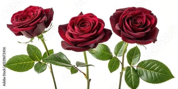 Fototapeta Three dark crimson roses with lush green foliage, elegantly arranged against a pristine white backdrop.