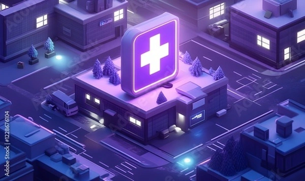 Fototapeta Nighttime city clinic, glowing cross sign, isometric view, healthcare access