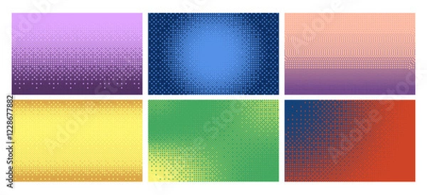 Fototapeta Colorful bitmap texture, abstract pattern halftone background vector set, glitch screen with flicker pixels effect 8 bit