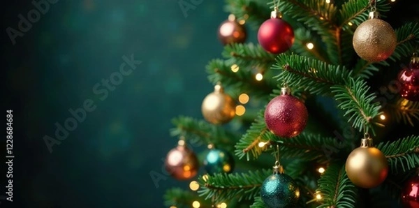 Obraz Evergreen Christmas tree with multicolored balls and twinkling lights, christmas tree, ornaments