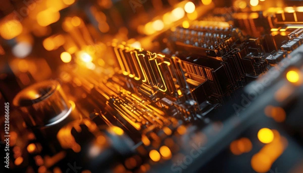 Fototapeta Close-up of a circuit board with glowing orange elements.