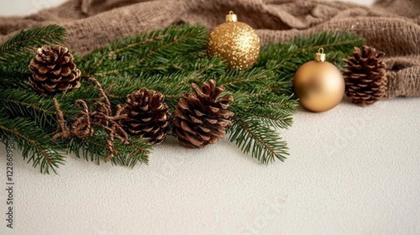 Fototapeta Festive Christmas Decoration  Gold Ornaments  Pine Cones    Fir Branches