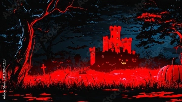 Fototapeta Spooky Halloween Night  Red Castle  Pumpkins  Bats Illustration