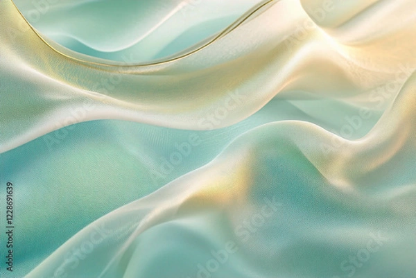 Fototapeta Wavy patterns background in iridescent mint green and pale gold colors with a soft metallic sheen. (Generative AI)