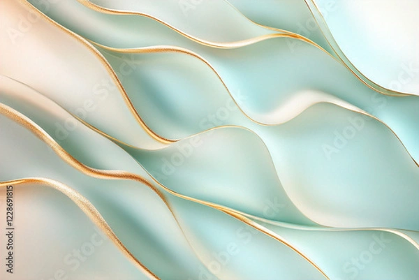 Fototapeta Wavy patterns background in mint green and pale gold colors with a soft metallic sheen. (Generative AI)