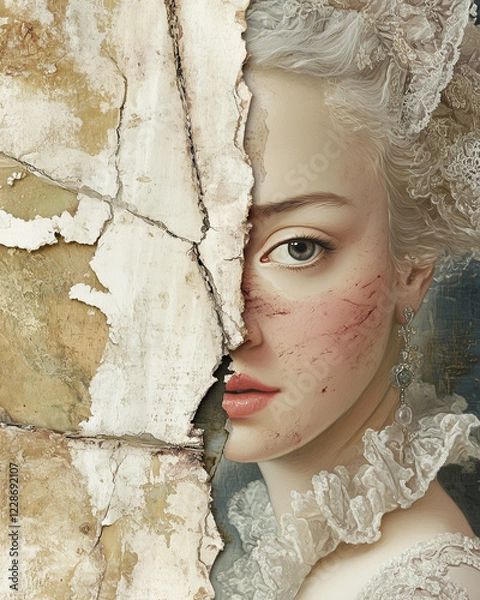 Obraz Marie Antoinette concept. Creative collage of the beautiful last queen of France using mix of different techniques. Close up portrait. Avant-garde postcard, poster style