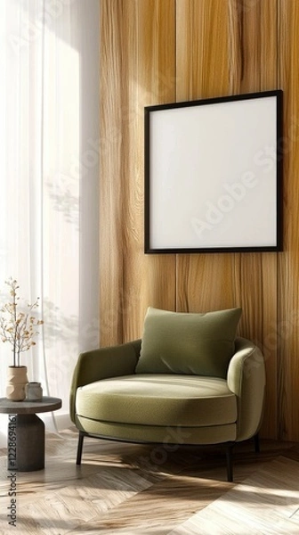 Fototapeta Cozy modern living room with green armchair and empty frame on wooden wall showcasing minimalist decor and natural light