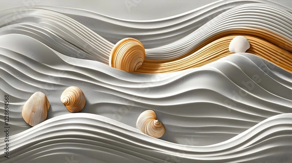 Fototapeta Seashells on abstract flowing white and gold waves, minimalist background, wall art