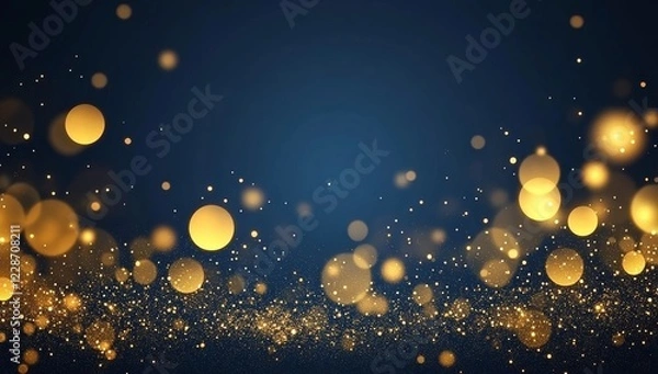 Fototapeta Abstract background with golden bokeh lights and glitter on a blue backdrop.