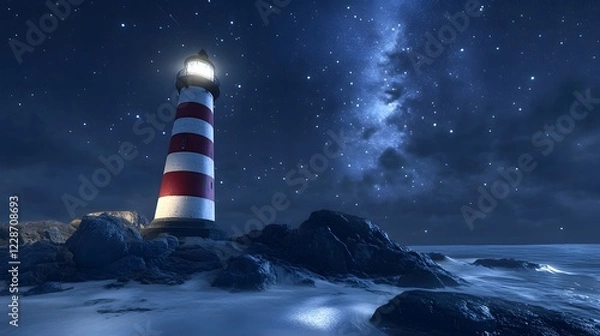 Fototapeta A lighthouse with red and white stripes rising against the majestic night sky. Generative AI