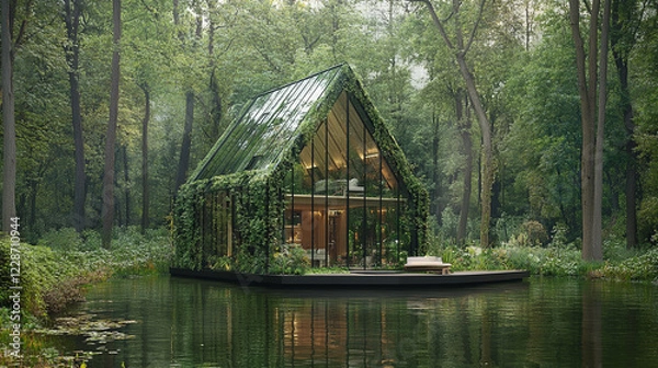 Fototapeta A green glass house surrounded by lush greenery symbolizes CO2 reduction and sustainable living in a minimalistic modern design with a bright tone and blurred background

