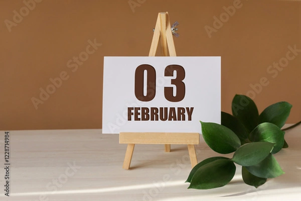 Fototapeta February 3th. Day 3 of month, Calendar date. Green branch, easel with the date and month on desktop. Close-up, brown background. Winter month, day of year concept