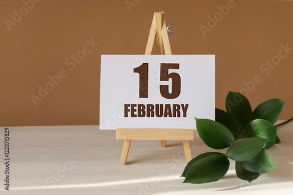 Fototapeta February 15th. Day 15 of month, Calendar date. Green branch, easel with the date and month on desktop. Close-up, brown background. Winter month, day of year concept
