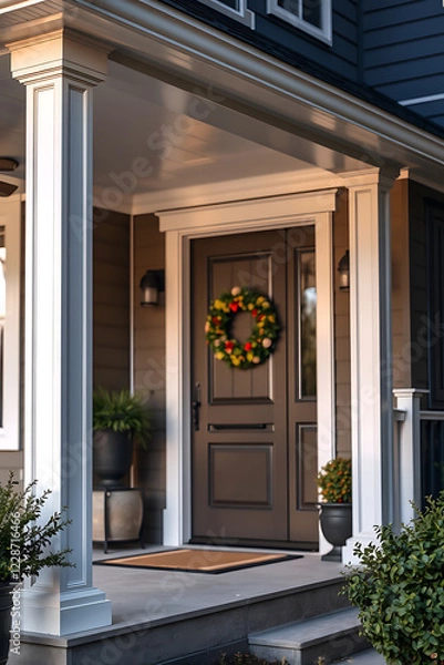 Fototapeta Elegant Home Entrance with Classic Columns and Festive Wreath. This stunning house exterior showcases beautiful architecture and design details, creating a welcoming and inviting atmosphere.