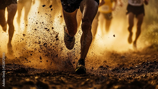 Fototapeta Runner in motion, dust flying, capturing thrill of competition