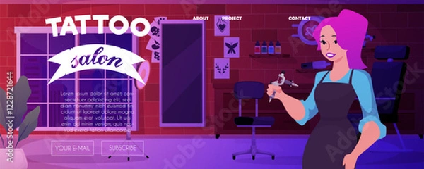 Fototapeta Vector illustration of tattoo parlor website web page with interior and tattoo artist.