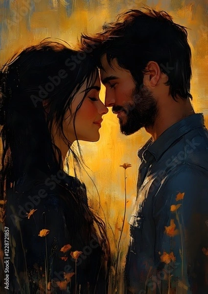 Fototapeta Intimate Embrace of Passionate Lovers in Dramatic Digital Painting Art