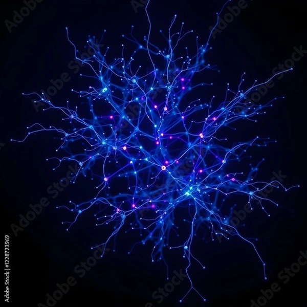 Fototapeta A network of neurons with synapses glowing blue and purple, depicting brain or neural network activity.