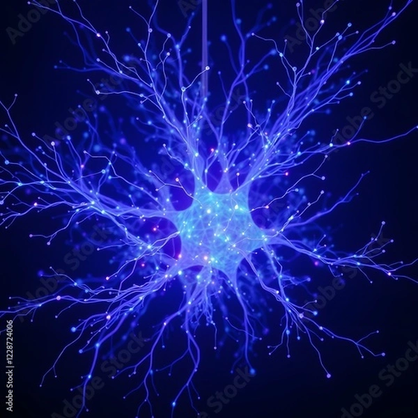 Fototapeta Neurons with blue-lit dendrite branches, depicting synaptic activity and neural network complexity.