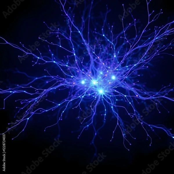 Fototapeta A network of neurons with synapses that glow blue and purple, creating an interesting visual effect.