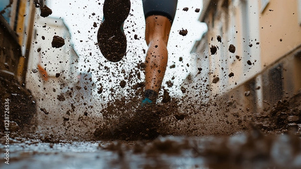 Fototapeta runner dodging puddles, splashing mud on rainy street