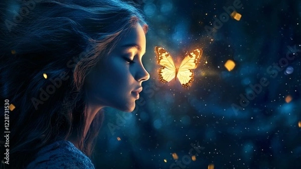 Fototapeta Enchanting Portrait of a Young Girl with a Magical Butterfly Illuminating the Night, Capturing a Dreamlike Atmosphere in a Fantasy Setting
