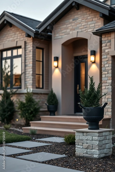 Obraz Modern Brick House Exterior at Dusk: Luxury Home Design and Architecture