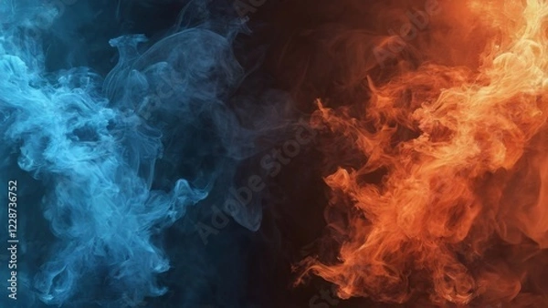 Fototapeta Abstract digital art piece with colorful explosion of blue and orange smoke creating energy and movement on black background.