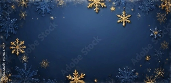 Fototapeta Festive Dark Blue Winter Background with Scattered Snowflakes and Intricate Border Design - Perfect for Holidays