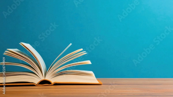 Fototapeta An open book rests on a wooden surface against a vibrant blue background, inviting readers to explore its pages.