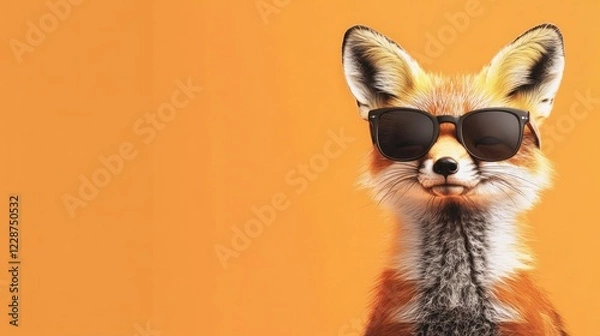 Fototapeta Cool fox in sunglasses, orange background.  Use social media, advertisement