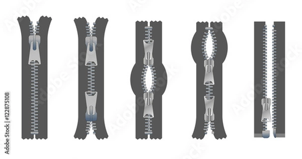 Obraz Vector set of zippers and fastener. Schematic isolated illustration of different types of zippers in a closed and opened positions. Metal or plastic clasps. Clothes accessory.