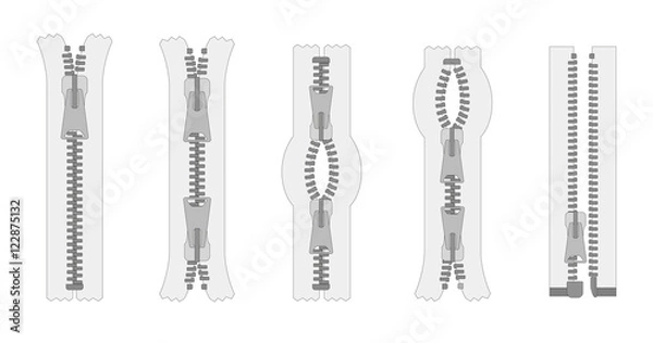 Obraz Vector set of zippers and fastener. Schematic isolated illustration of different types of zippers in a closed and opened positions. Metal or plastic clasps. Clothes accessory.