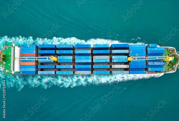 Fototapeta Shipping logistics. Commercial shipping. Cargo ship in sea, aerial view. Massive cargo ship. Freight container loaded on vessel. Aerial view cargo ship entering harbor. Cargo business. Container ship