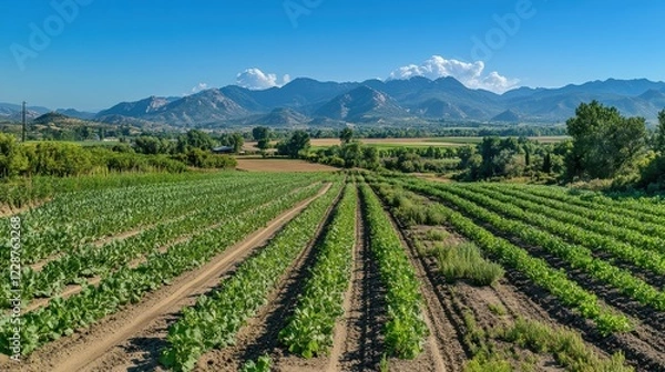 Fototapeta Sustainable farming using solar power to irrigate crops, representing the fusion of renewable energy and environmental conservation.