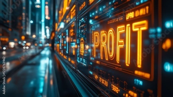Fototapeta A vibrant cityscape showcasing glowing neon signs representing profit and success.