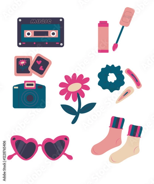 Fototapeta Classic 80s 90s elements in modern flat style. Hand drawn vector illustration. Fashion patch, badge, emblem. Vector illustration