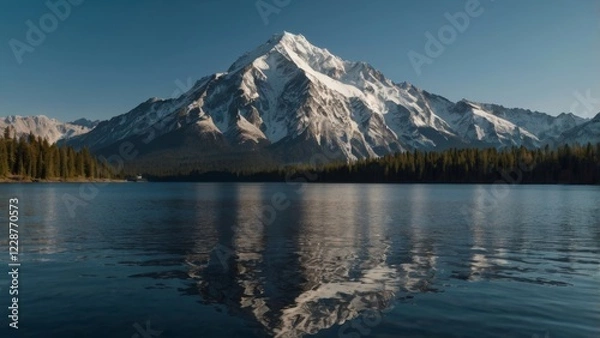 Fototapeta Majestic mountain peak reflected in a serene lake surrounded by a forest with clear blue sky