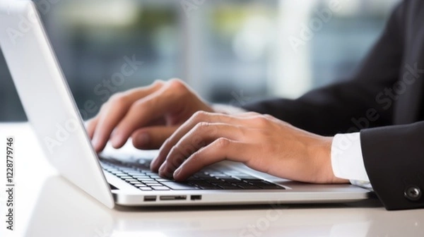 Obraz Close-up of hands working on a laptop in a well-lit office, with lots of space around for overlay text.