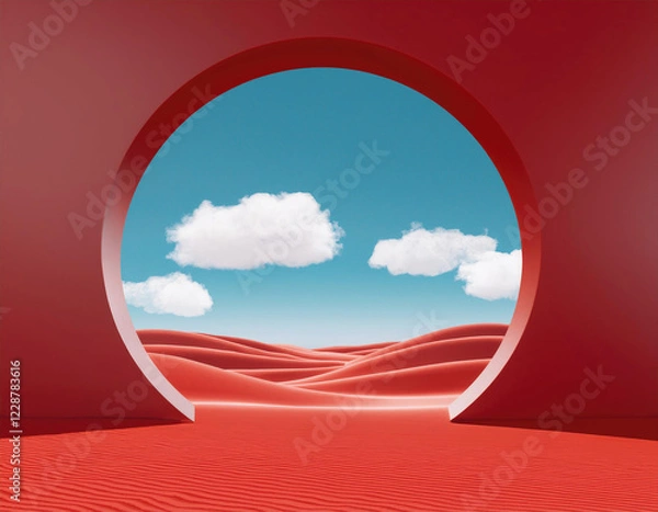 Fototapeta 3d render, Surreal desert landscape with white clouds going into the red Round portals on sunny day. Modern minimal abstract background