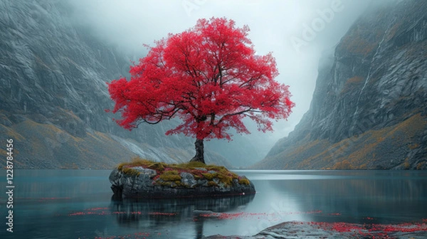 Obraz single pink  tree at foggy mountains alpine with river