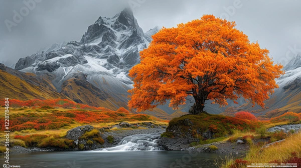 Obraz single poink  tree at foggy mountains alpine with river