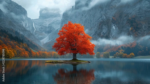 Obraz single poink  tree at foggy mountains alpine with river